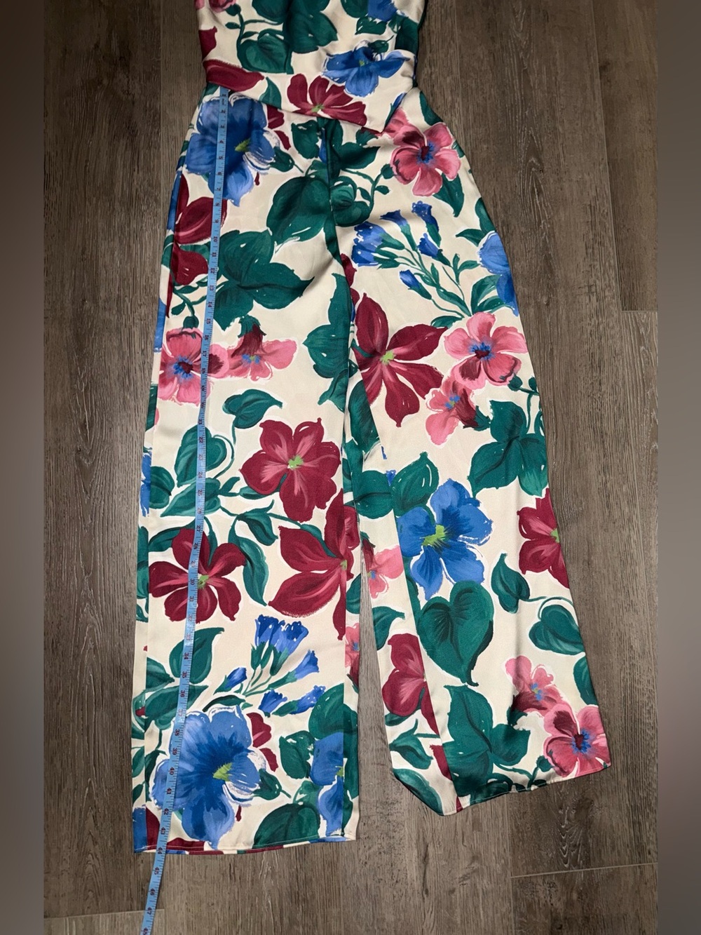 NWT Zara Cream Wide-Leg Jumpsuit with Blue, Pink & Green Floral Print - Picture 9 of 13